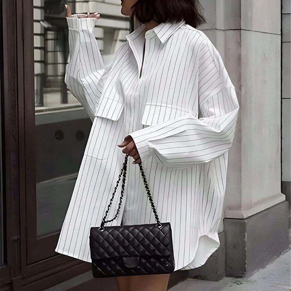White Casual Women's Striped Large Pockets Long Sleeve Shirt